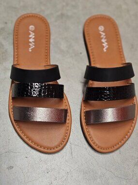 Womens Multi-Strap Slide Sandals With Faux Leather In Black Metallic & Croc-Embo